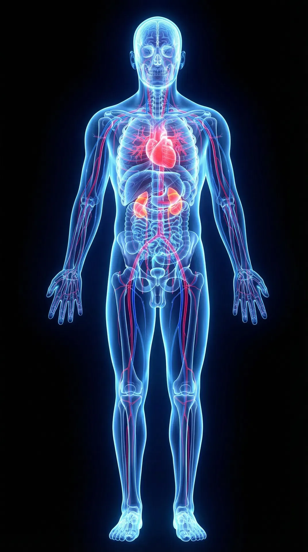 Anatomical x-ray illustration of the human body, with a glowing marker on each of the thirteen systems covered by the Blueprint